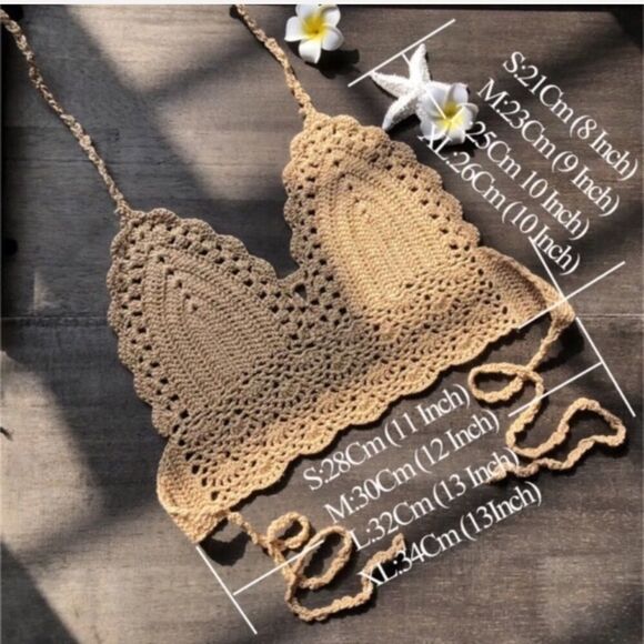 Crochet Knit Halter Bikini Top AQUA Turquoise S M L XL - Picture 3 of 8